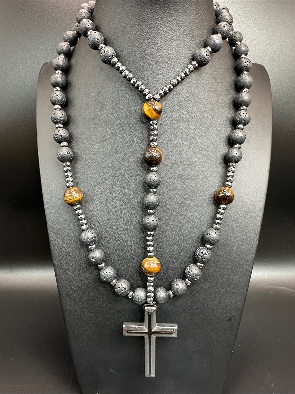 30” Lava Stone Crystal Tiger’s Eye Hematite Rosary Necklace Hematite Cross